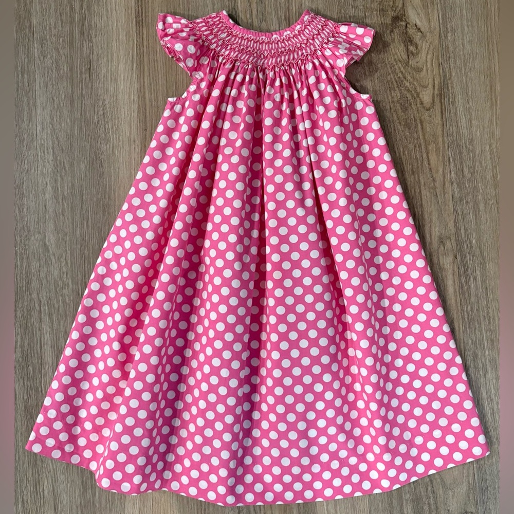 Smocked Giraffe Pink Polka Dot Smocked Dress with Flutter Sleeves-size 4T